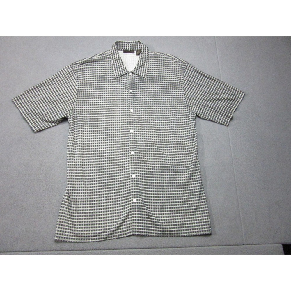 Puntodue Shirt Mens XL Black White Check Silk Blend Short Sleeve Button Up
